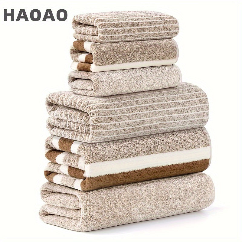 6-piece ultra-soft towel set includes 3 bath towels and 3 hand towels. Made of thick, absorbent coral fleece and skin-friendly polyester blend. Ideal for bathroom essentials.