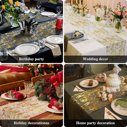 Golden foil linen table runner for special occasions like weddings, birthdays, banquets, and Christmas gifts.