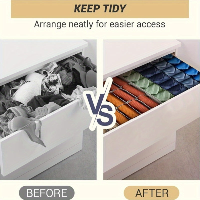 Foldable fabric storage organizer box with dividers for socks, underwear, and ties. Perfect for organizing your drawers and closet. Provides easy access and extraction.