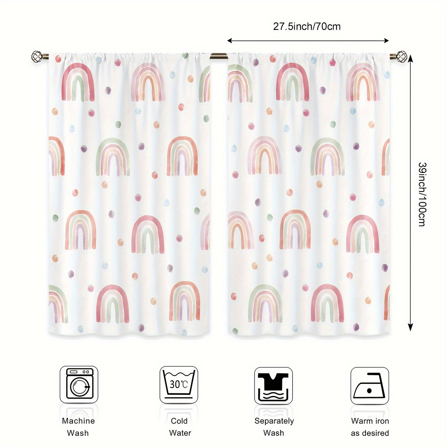 Polyester curtain with Bohemian Rainbow Cartoon design, 214cm x 160cm, 2 pieces.