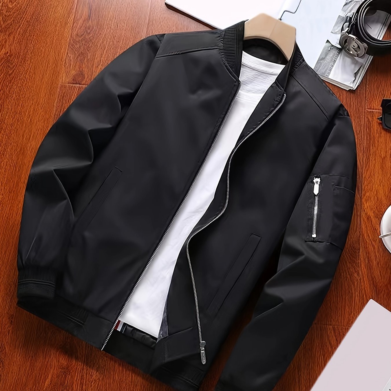 Men's Plus Size Black Bomber Jacket - Lightweight Polyester, Baseball Collar, Zip Closure, Side Pockets for Spring and Autumn