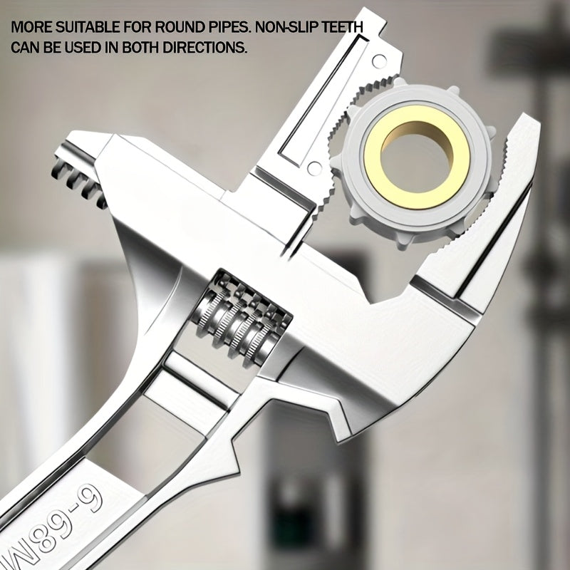 Universal repair bathroom hand tool with large opening adjustable spanner for home repair.