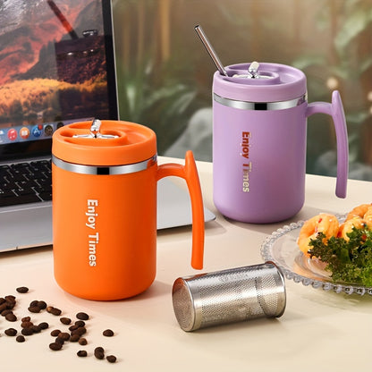 Stylish stainless steel coffee mug with straw, handle, perfect for office, reading, camping. Available in orange, light blue, cream, ideal for drinking coffee or tea.