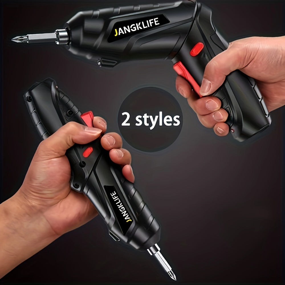 27-piece small hand-held electric screwdriver set with 90-degree rotatable, foldable hand drill screwdriver bits.