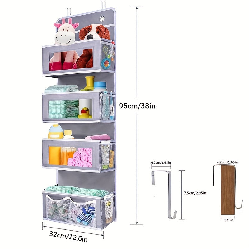 The Hanging Fabric Storage Organizer features an Over Door Pocket design with 4 Roomy Pockets, 10 Mesh Pockets, and 2 Mounting Hooks, perfect for organizing your pantry, closet, baby room, bathroom, bedroom, nursery, or dorm room.