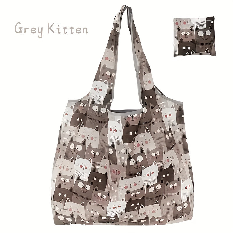 Hand Washable Reusable Polyester Shopping Tote with Cute Cartoon Cat Design, Foldable and Compact Pocket Included