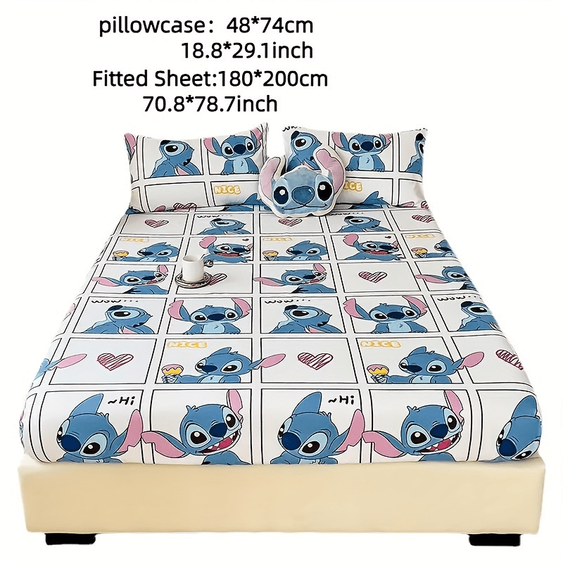 Enhance Your Space with Disney Stitch Themed 3-Piece Bedding Set Including Soft Fitted Sheet, Pillowcases, and Blue Plush Cushion. Made from High Quality Woven Fabric, Ideal for Home, Office, or Guest Room Decor.