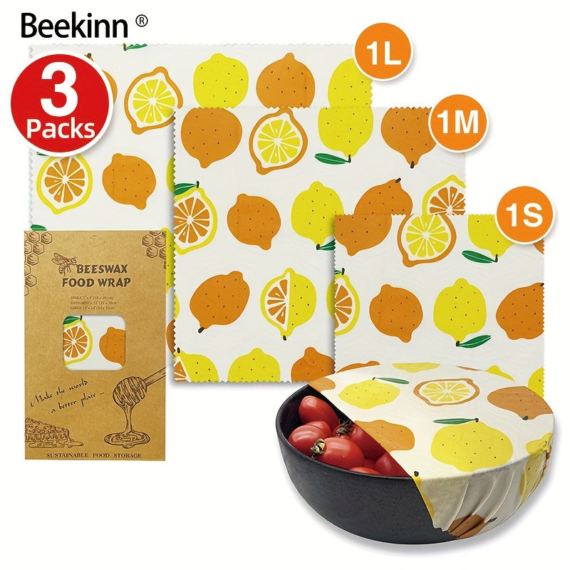 3-piece Beekinn Beeswax Reusable Food Wraps in Abstract Curves Pattern - Sustainable, Zero Waste Food Storage Solution