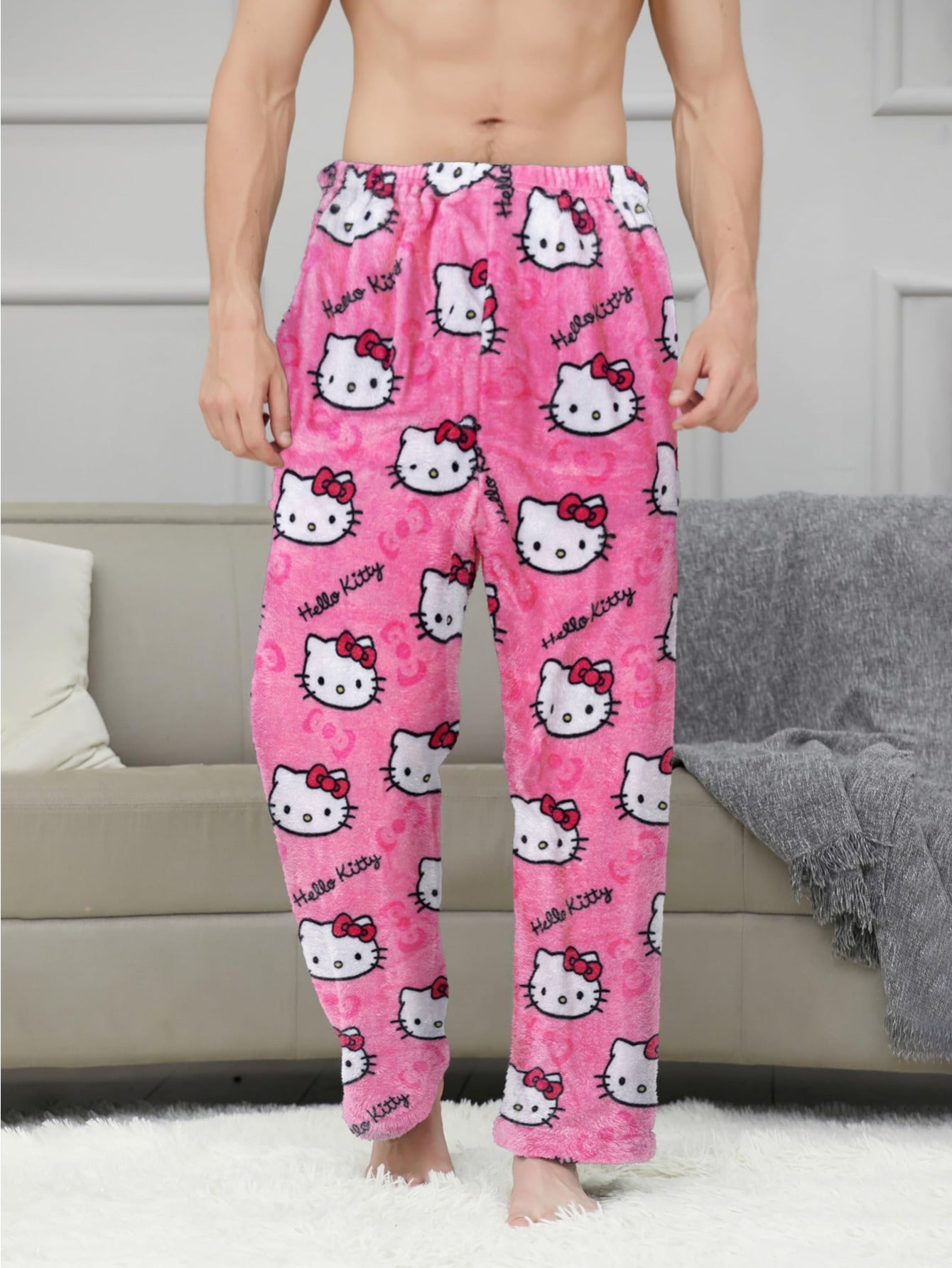 New men's flannel pajama pants for autumn and winter, featuring a cute KT print. Keep warm and stylish while at home.