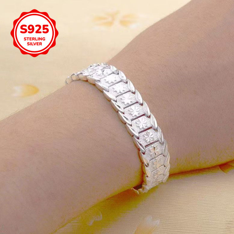 Sophisticated Men's S925 Sterling Silver Wide Bracelet featuring a European Coin Design, 12mm in size. Hypoallergenic and suitable for both daily wear and special occasions, this bracelet exudes a retro and French-inspired style. Perfect gift for