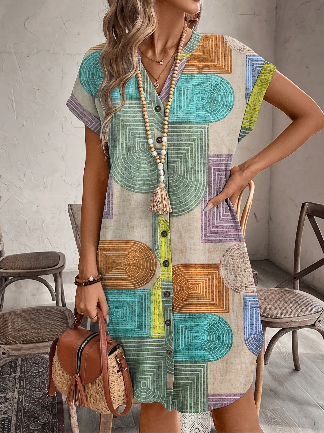 Geometric print V-neck dress with buttons in polyester, suitable for all seasons. Casual yet elegant attire with a cute woven texture.