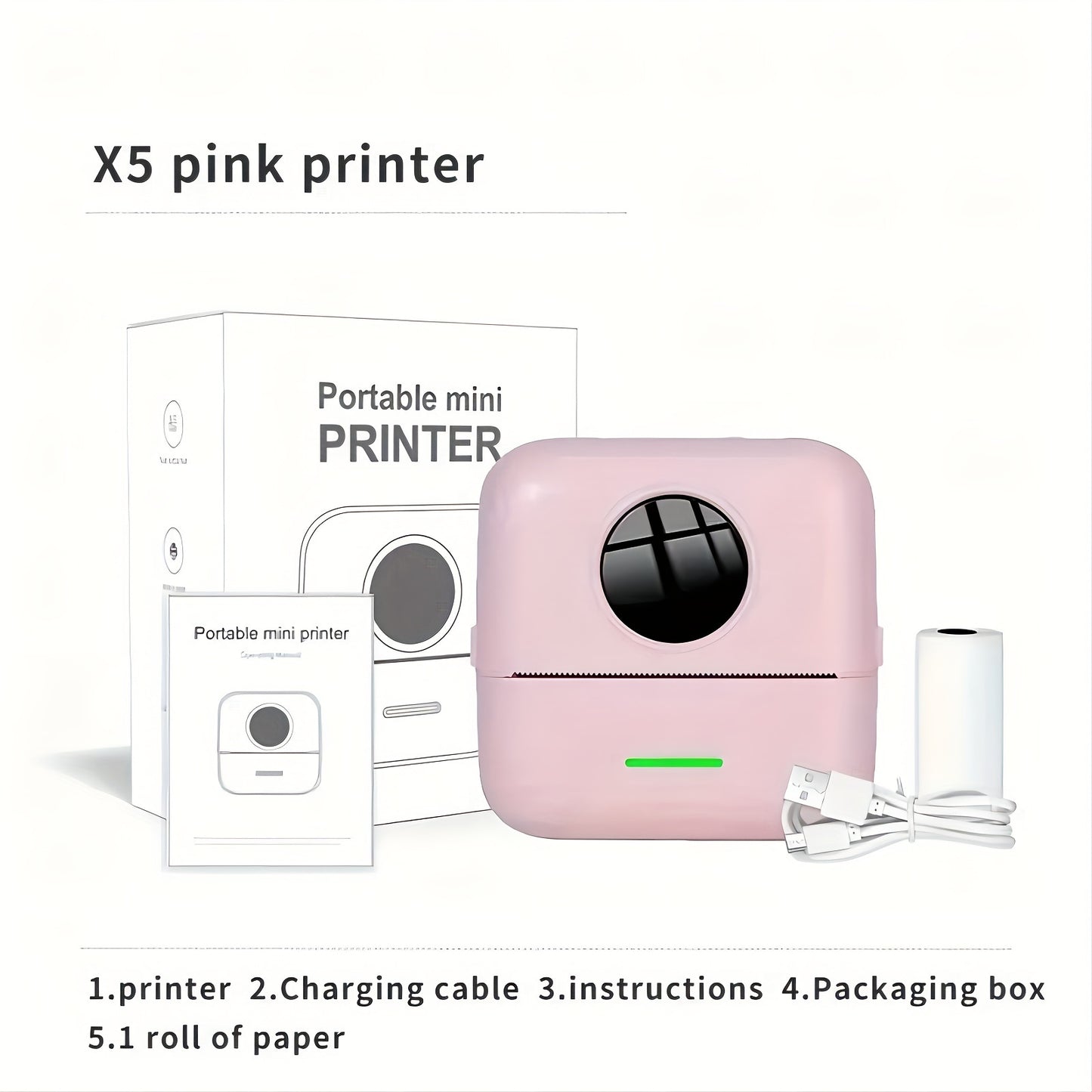 Portable mini printer for students, USB rechargeable, wireless, high-definition thermal printing on glossy paper.