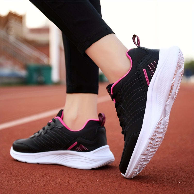 Women's water-resistant fashion sports sneakers with solid color, low top design, lace-up closure, EVA sole, superfine fiber insole, and all-season PU upper for comfort.