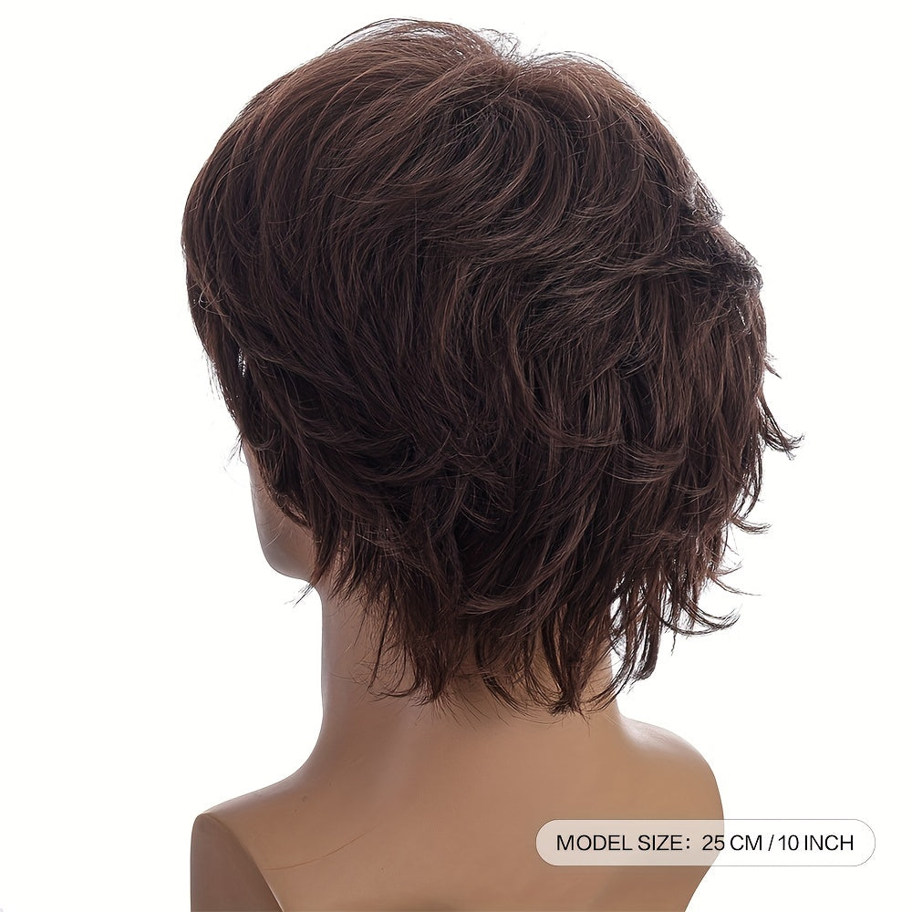 Fashionable men's wig with short curly hair and natural oblique bangs.