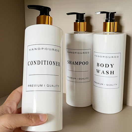 500ml bathroom shampoo dispenser set with conditioner, body wash, and soap liquid bottles, labeled waterproofly.