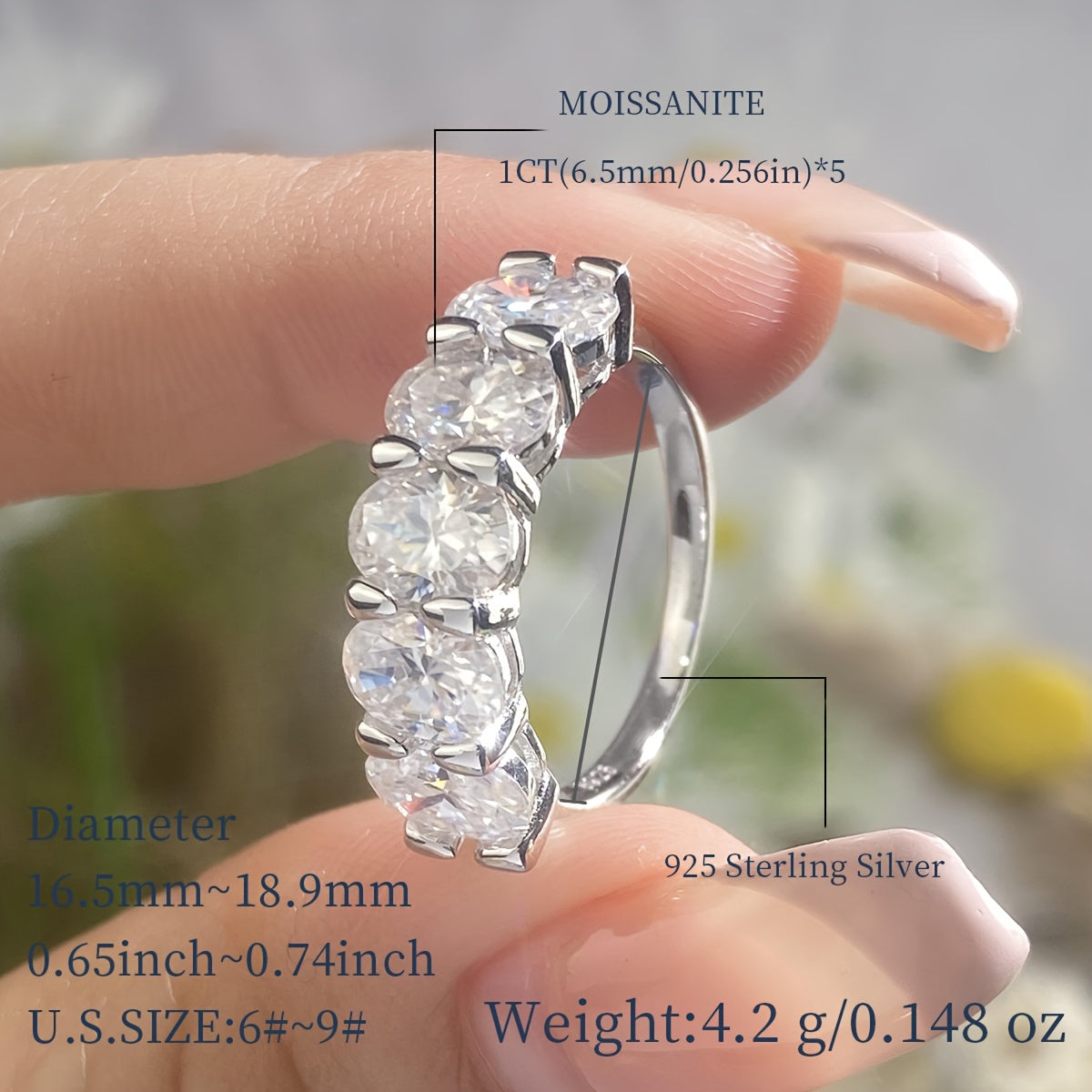 5 Egg Shaped Moissanite Ring in 6g of S925 Sterling Silver, Hypoallergenic, Total 2.5-5ct. Exquisite and Elegant, perfect for Valentine's Day Engagement/Wedding Gift for Women. Comes with a Bonus Moissanite Certificate in an Exquisite Gift Box.