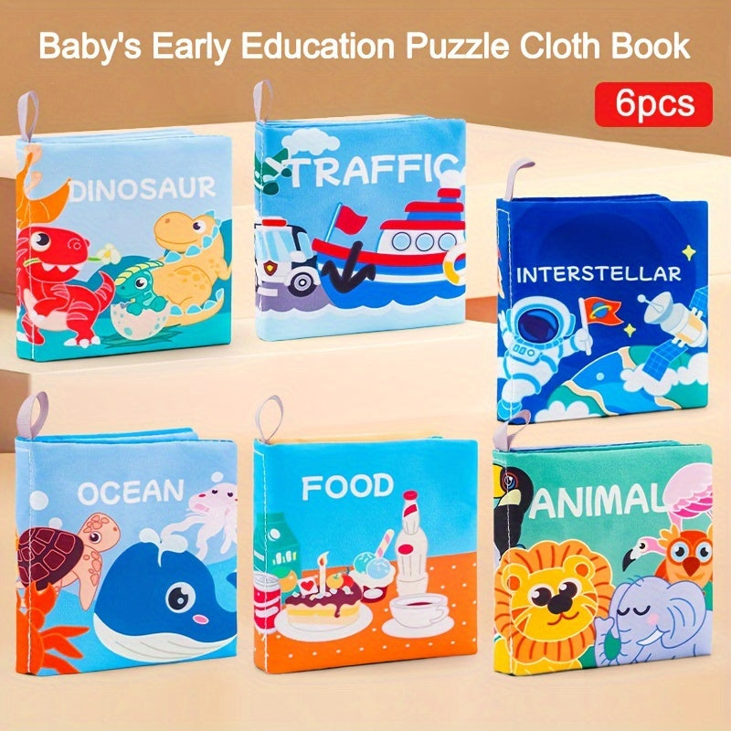 6-piece Baby's Early Education Puzzle Cloth Book Featuring Rustling Sounds, Durable Baby's Cognitive Cloth Book, Includes Ocean, Food, Animals, Space, Dinosaurs, Traffic Themes - Perfect Festival Gifts