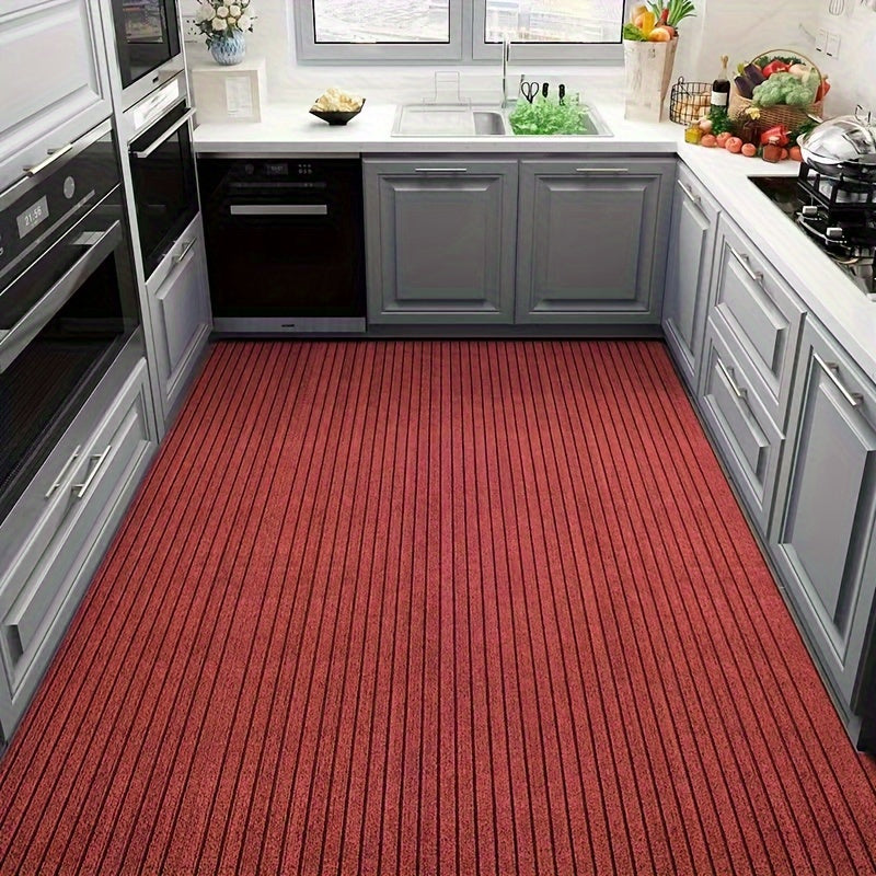 Non-Slip 7-Stripes Carpet with Waterproof and Stain-Resistant Features, Machine-Made with Hand-Wash Only Instructions. Crafted from a Polyester Blend with Medium Pile for Home Decor use in Kitchen, Bathroom, Bedroom, and Office. Backed with Polypropylene