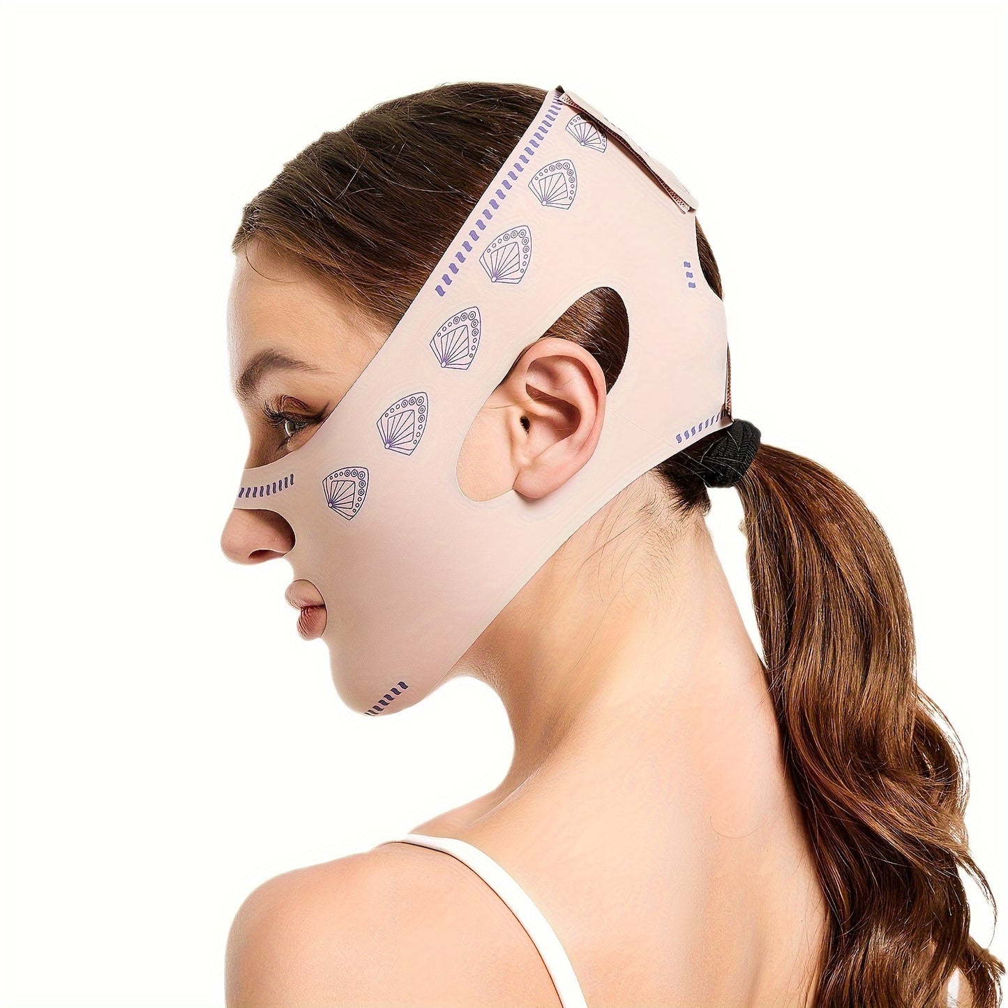 Face lifting strap reduces double chin, lifts sagging V faces for women with elastic, breathable material.