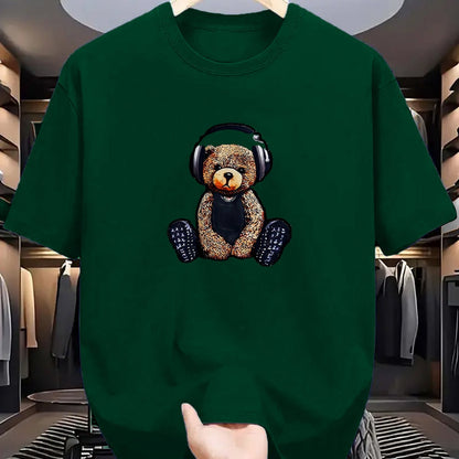 Men's Dark Green T-Shirt with Teddy Bear & Headphones Graphic - Stretchy, Breathable Polyester Tee - Perfect for Summer Outdoor Activities