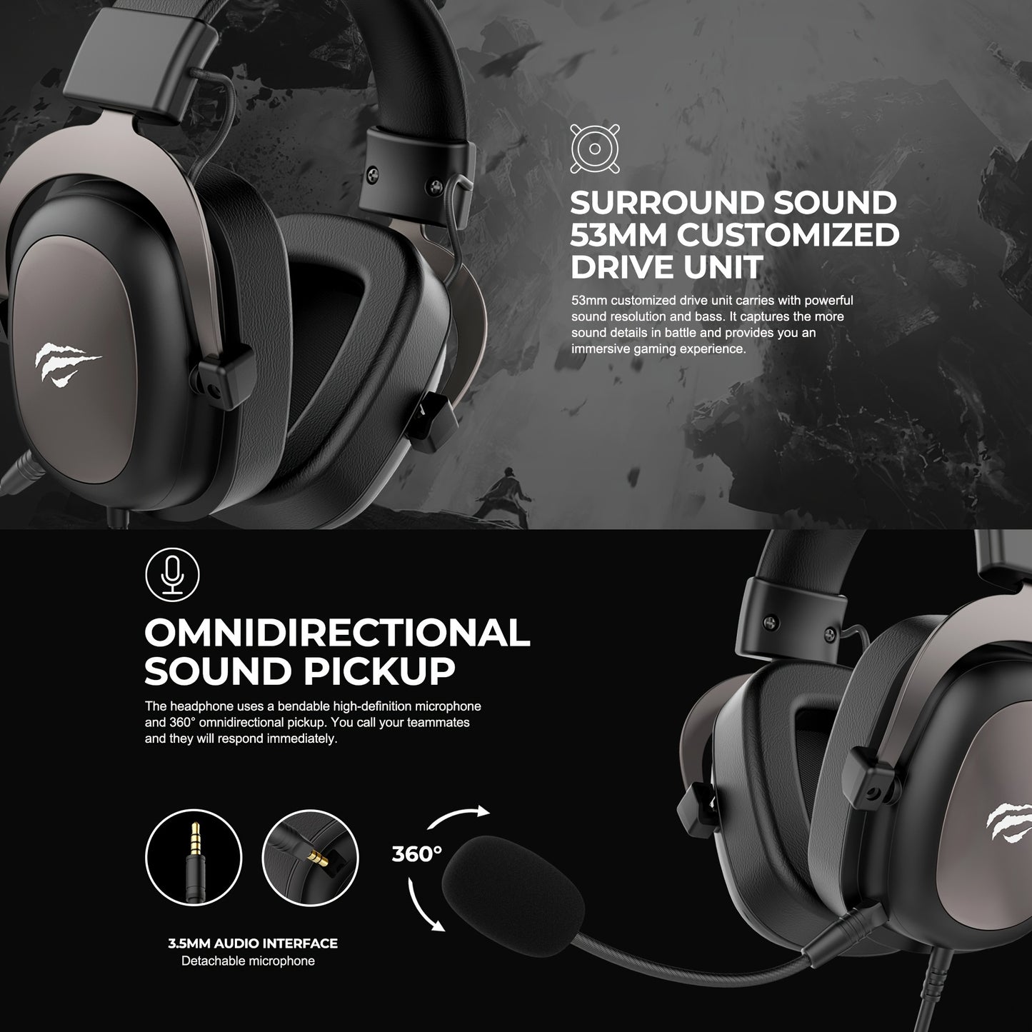 HAVIT Wired Gaming Headset with 3.5mm Interface, Surround Sound, Removable Microphone, Comfortable Protein Synthetic Leather Ear Cups, 53mm Speakers, Gaming Accessories for PC Gaming.