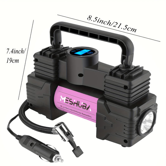 MESHUBA Tire Inflator: 12V Portable Air Compressor with 150PSI Digital Pressure Gauge for Car, Bike, and Ball, Purple