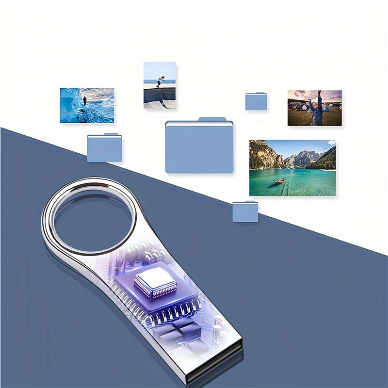 Metal flash drive with capacities from 8GB to 110GB, high-speed USB 2.0, keychain for easy transportation, ideal for storing photos, videos, and files.