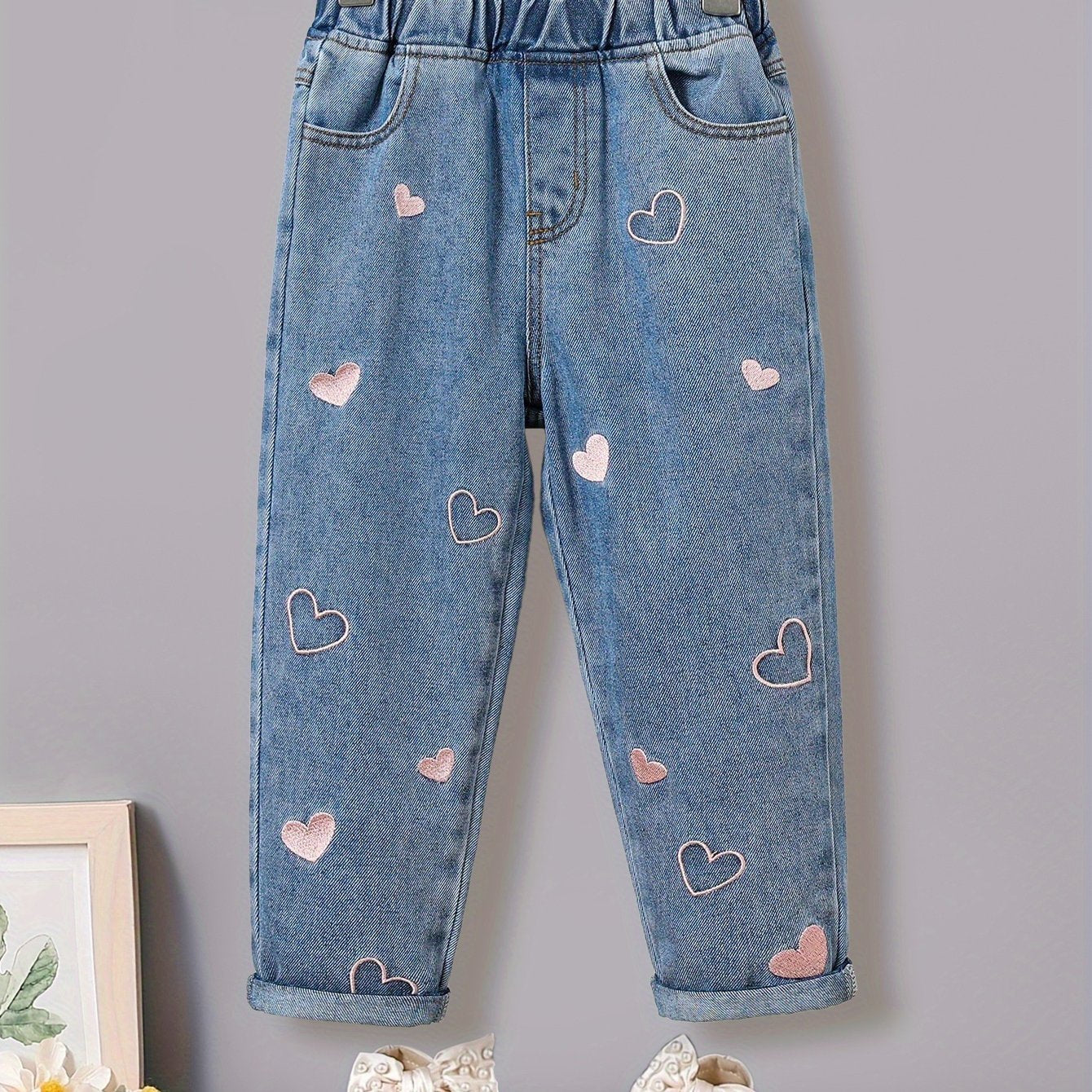 Girls' Floral Print Denim Jeans in a polyester-viscose blend, regular fit for toddlers and kids, perfect for spring or fall fashion