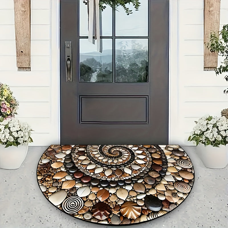 Coastal Pebble Flower Design Half-Moon Doormat made of machine-made polyester fiber - Features Non-Slip, Washable, Rubber Backing perfect for Indoor Use - Perfect for Entryways, Kitchens, Bathrooms, Patios, and Balconies as Decor