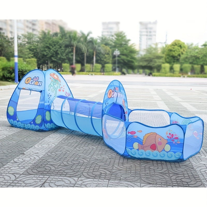 Portable foldable tent playhouse for indoor use with an ocean theme.