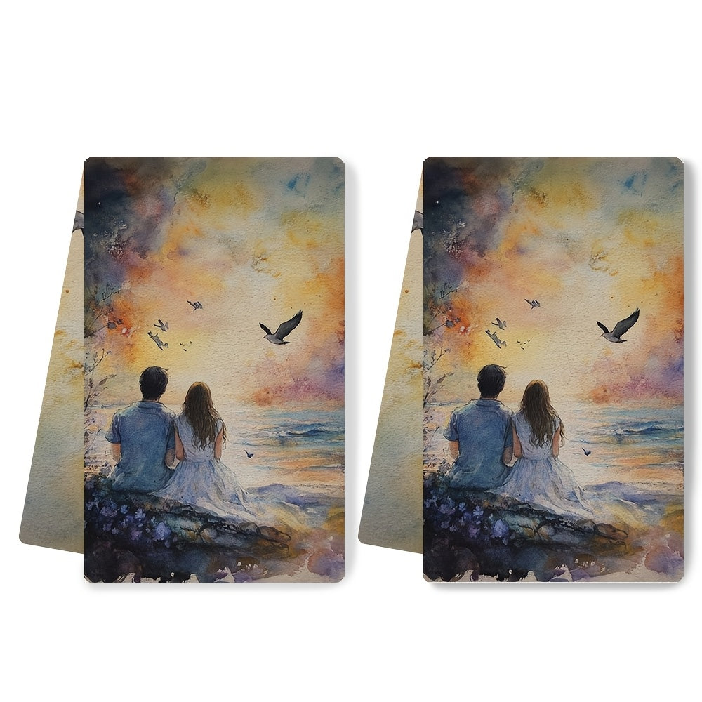 Two pieces of romantic sunset love kitchen towels - made from ultra soft and highly absorbent polyester, measuring 40.64x60.96 cm. These dish hand towels feature a vibrant sky design, perfect for holiday decor. They are machine washable for easy care.