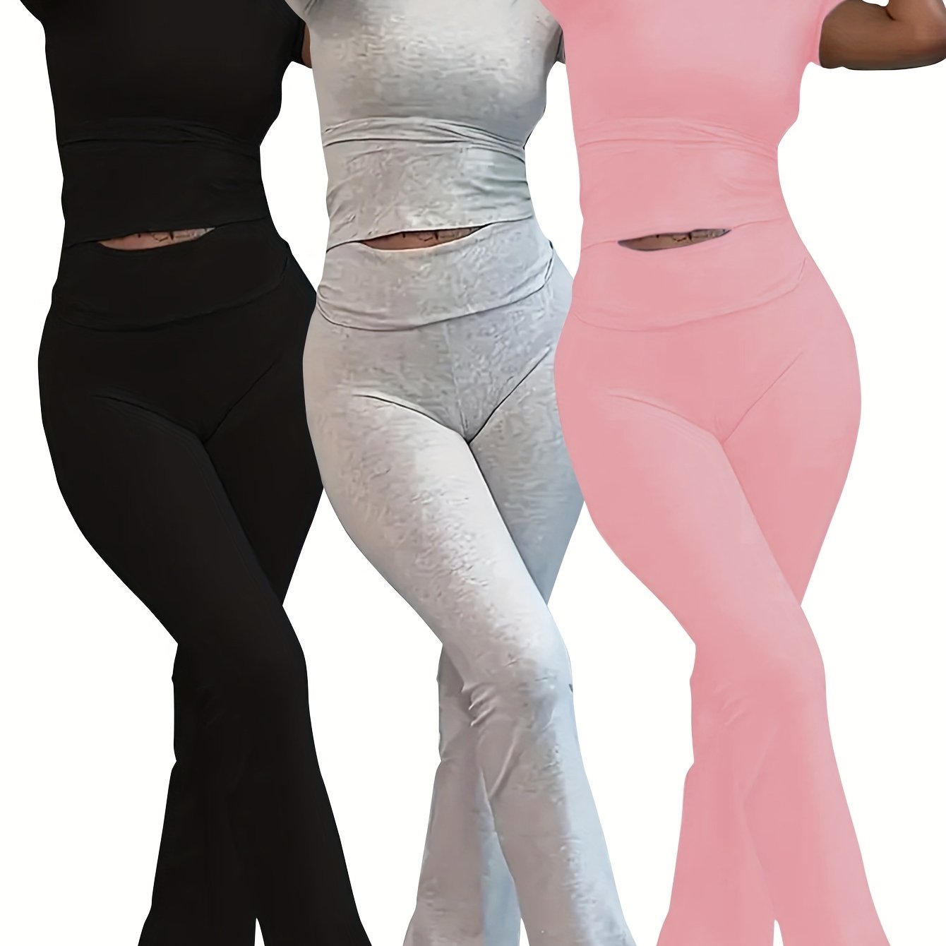 3-piece women's sporty lounge set with crop top and flared pants, slim and comfortable fit