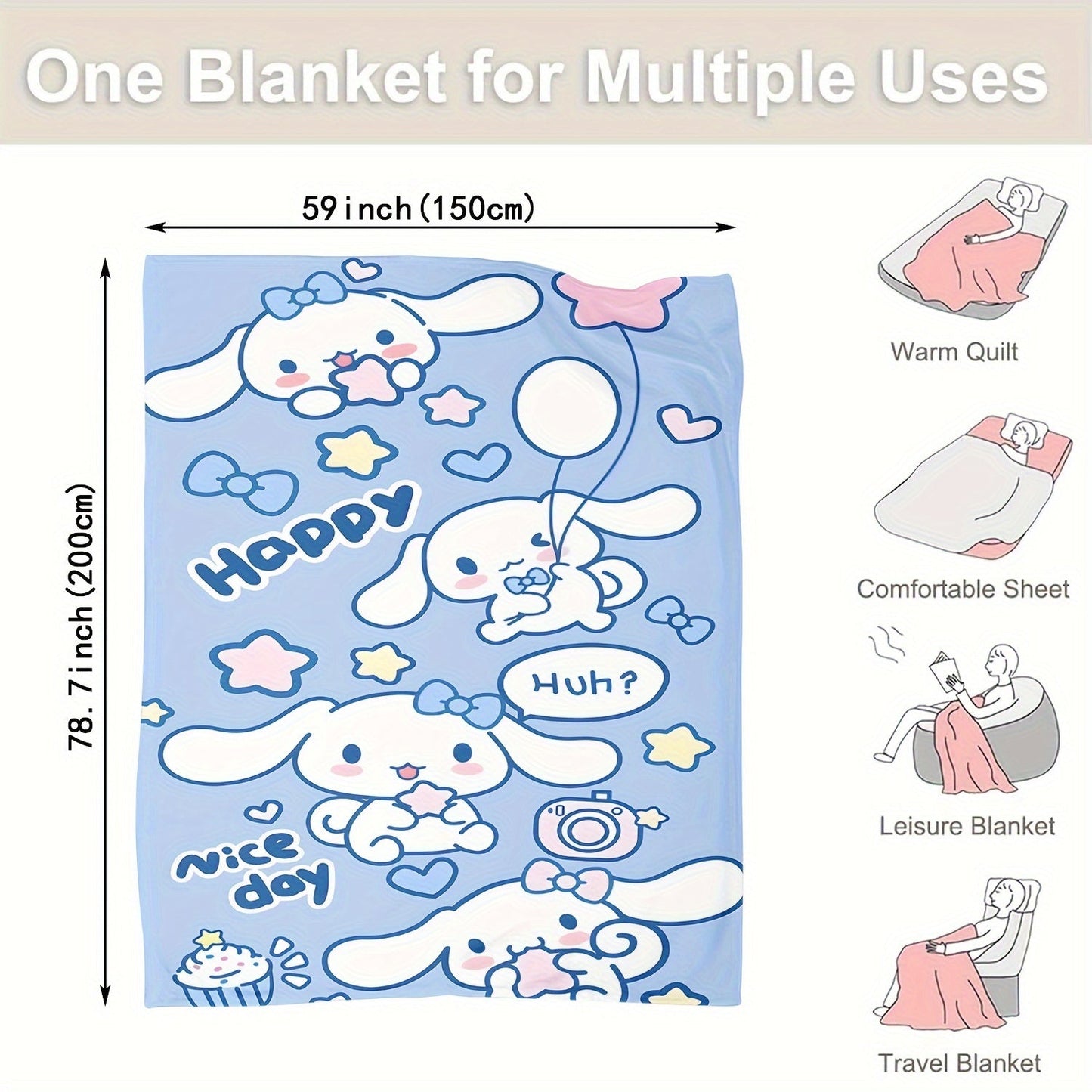 Soft and warm Sanrio Cinnamoroll plush flannel throw blanket featuring a cozy cartoon print. Perfect for adding a touch of cuteness to your bedroom, living room, or for taking on camping trips and travel adventures. This multi-purpose gift is sure to