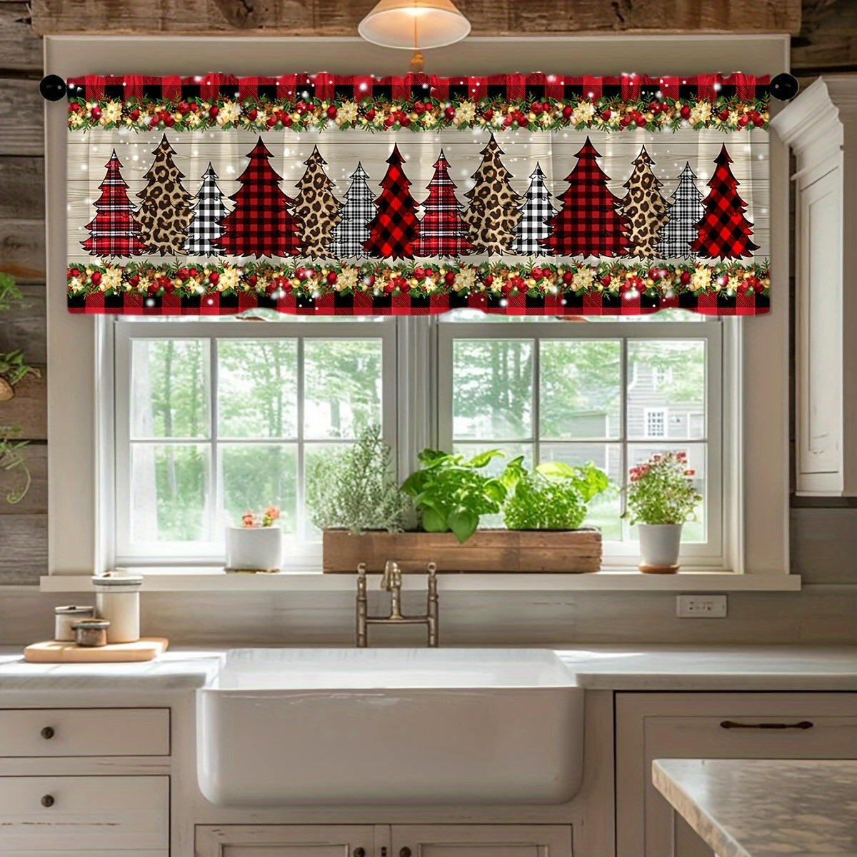 Get into the holiday spirit with our Christmas-themed kitchen valance curtain! This modern brushed fabric window treatment features a festive pine tree and ornament print. The twill weave light-filtering panel is perfect for adding a touch of Christmas