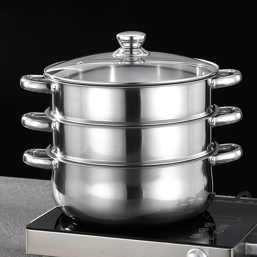 Stainless Steel Steamer Set with 4 Pieces: Quick Cooking Pot, Large Capacity Stackable Steamer with 1 Thick Soup Pot, 2 Tier Steaming Baskets, and 1 Lid. One Pot for Steaming and Cooking, Anti-Scald Handles, Easy to Clean, Suitable for All Stove Types.