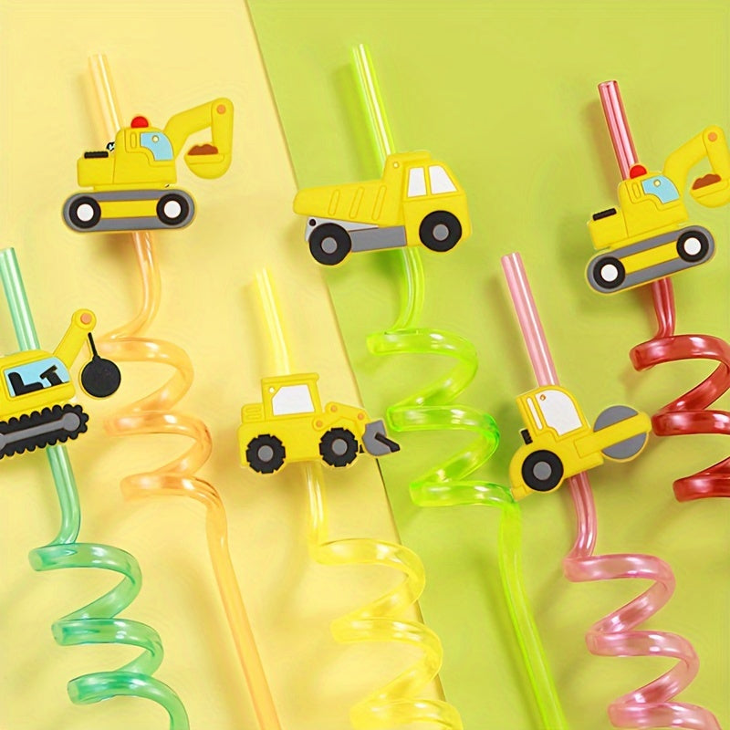 Set of 8 Construction Vehicle Themed Party Straws - Made from Sturdy Plastic, Ideal for Decorating Birthdays and Events