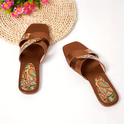 Women's Paisley Pattern Flat Slides with Square Open Toe, Casual Outdoor Beach Sandals.