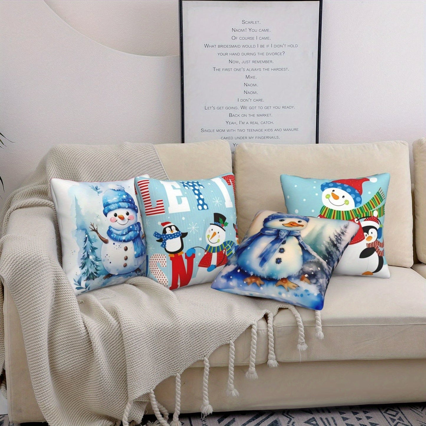 Christmas Decoration Pillow Cover featuring a festive snowman design, perfect for adding holiday cheer to your living room or bedroom. Makes a great Christmas gift or decoration. Each cover measures 45*45CM and comes in a set of 4 or individually. Pillow