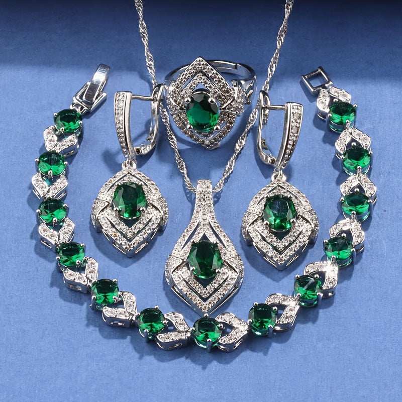 5-Piece Jewelry Set for Women featuring Synthetic Gemstones in Silver Plating - Includes Necklace, Earrings, Pendant, Ring, and Bracelet - Perfect for Weddings, Parties, or as a Halloween Accessory - Elegant and Classic Design with Copper Zirconia Mosaic.