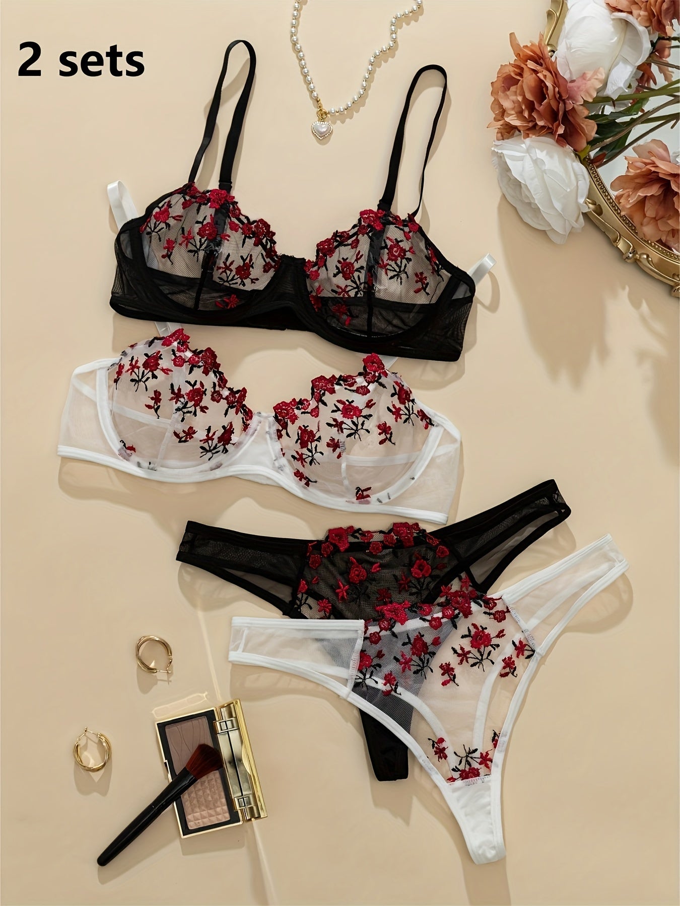 Sexy lingerie set with flower embroidery pattern mesh design, featuring a see-through bra and thong.