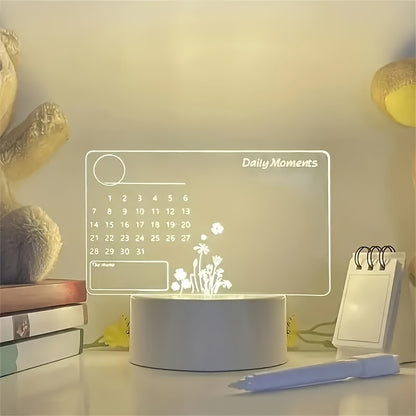 3D Handwritten Night Light with Calendar DIY Writing Board and White Base. Includes stylus for creativity and transparent luminous acrylic message board. LED Table Lamp and creative desktop night light, perfect for giving as a gift.