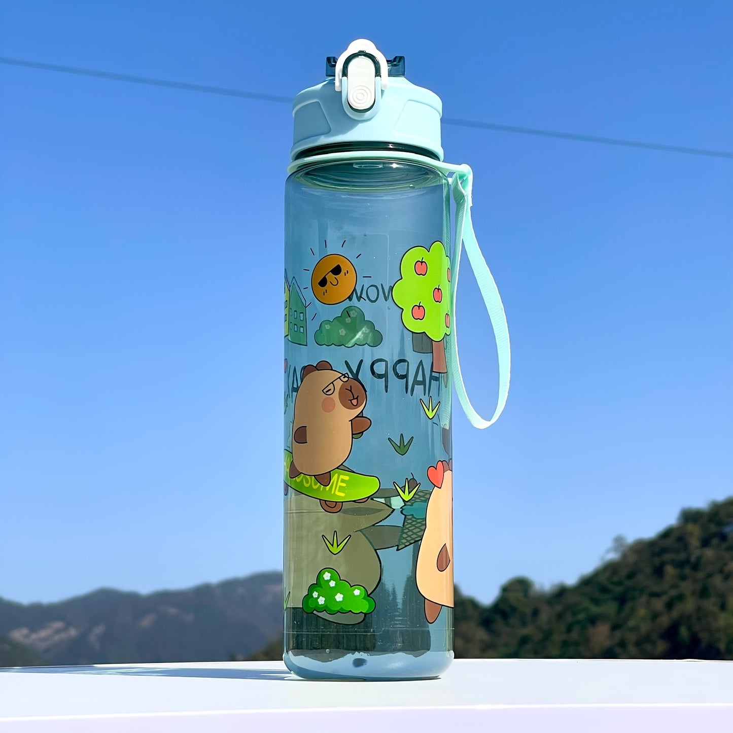 Adorable large sports water bottle with whimsical designs. Durable and portable, perfect for outdoor activities.