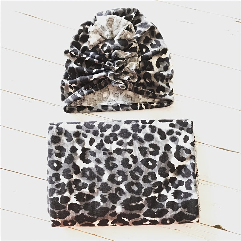 Leopard Print Baby Hat and Bag Towel Set, Throw Blanket for Infants 0-6 Months