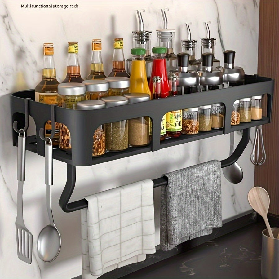 Kitchen Storage Rack with Hooks - Wall-Mounted Towel Holder for Home Use, No Drilling Required, Multi-Functional Design with Single & Double Layers