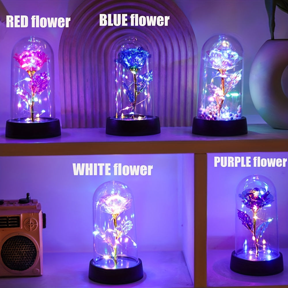 Battery-operated LED flower night light with rose pattern, plastic shade, non-rechargeable button batteries. Perfect for bedroom decor or romantic gifts.