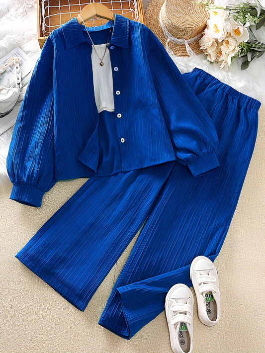 Girls' Clothing Set for 8-12 years featuring a loose 2-piece solid color outfit with a textured button blouse and wide-leg pants in a stylish and simple Korean style. Perfect for daily