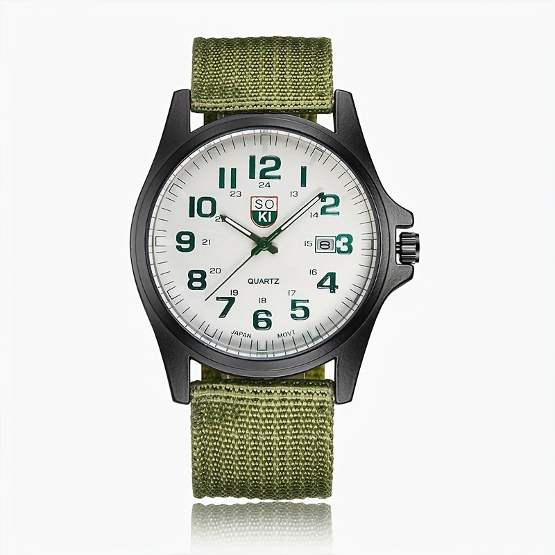 Casual nylon strap wristwatch with number date quartz, ideal for men as a fashionable sport-style watch perfect for gifting.