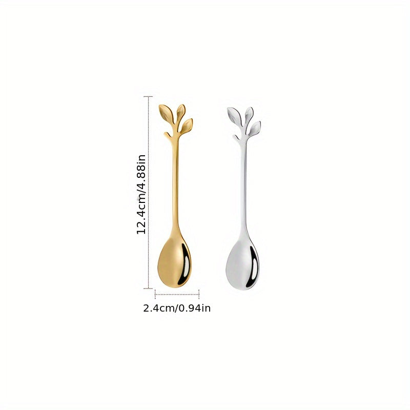 Set of 10 stainless steel coffee spoons with creative leaf-shaped handles, perfect for stirring coffee or desserts. Also includes honey and fruit spoons. Each spoon measures 12.4cm and is available in both silvery and golden colors. Choose from a set of