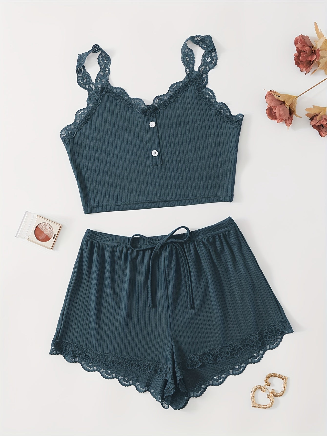 Ribbed lace trim pajama set for women includes a V-neck crop top and shorts with a comfortable fit for summer nights.