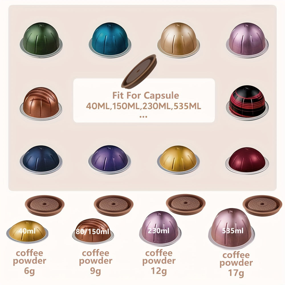 One pack of two reusable coffee capsule lids compatible with Nespresso Pods Vertuo, made of food grade silicone. These caps fit all sizes of reusable Nespresso Vertuo pods and come with a scoop and brush for easy refill.